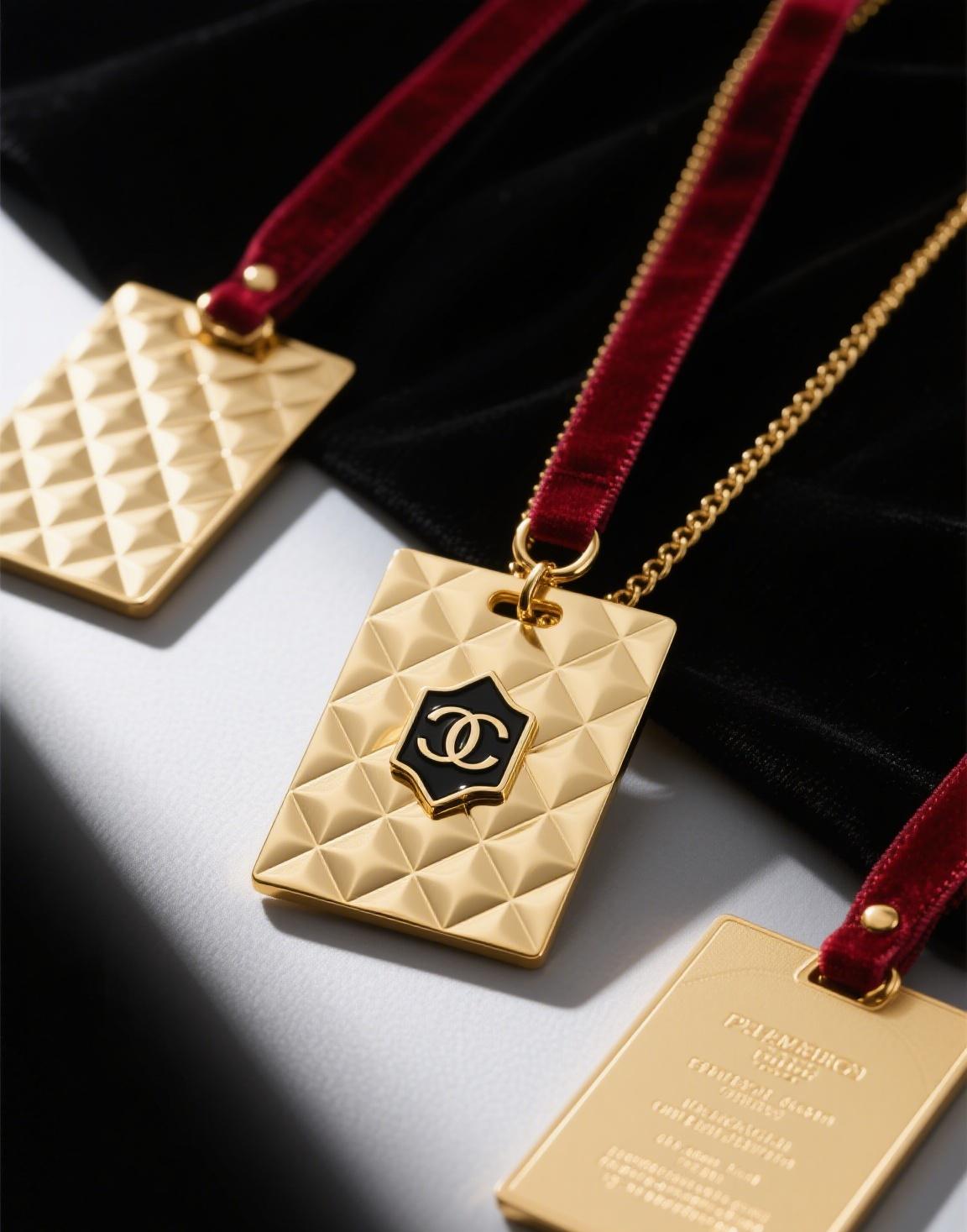 Shiny gold foil hang tag with embossed logo.